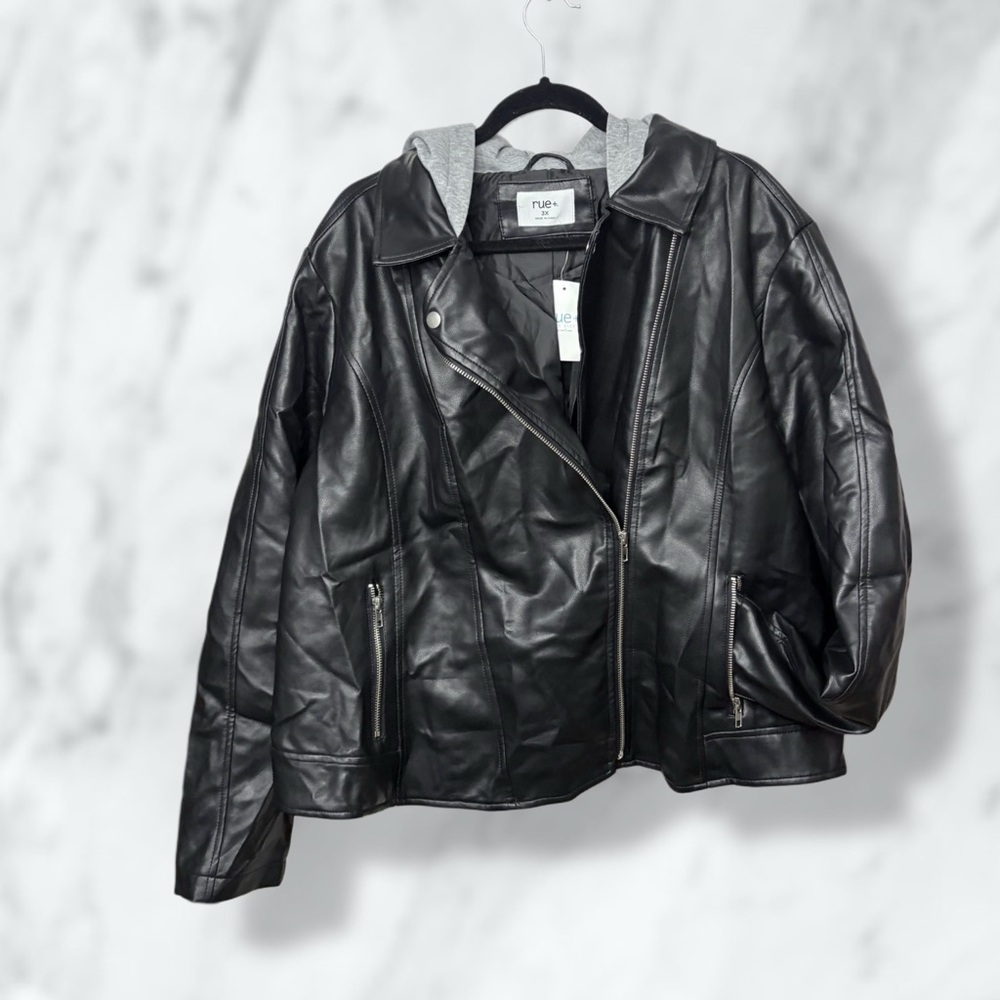 Rue21 Black Faux Leather Jacket with Gray Hood